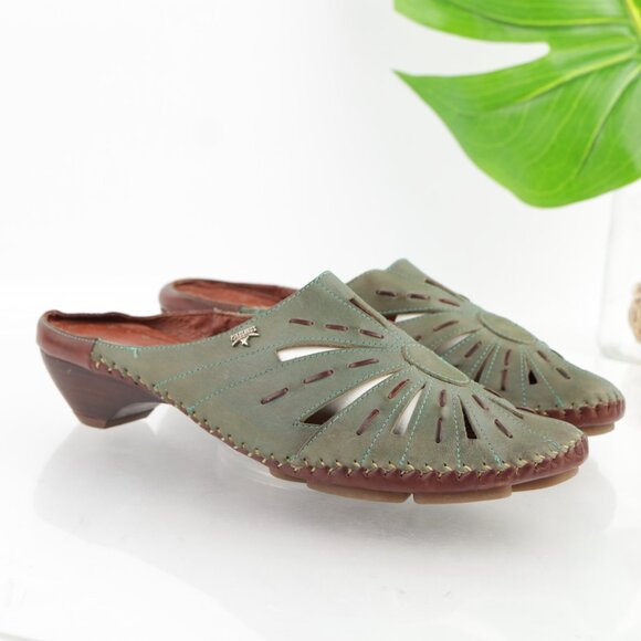 Pikolinos Womens Romana Mule Size 41 10 Green Leather Low Heel Cutout Comfy Shoe - Picture 2 of 11